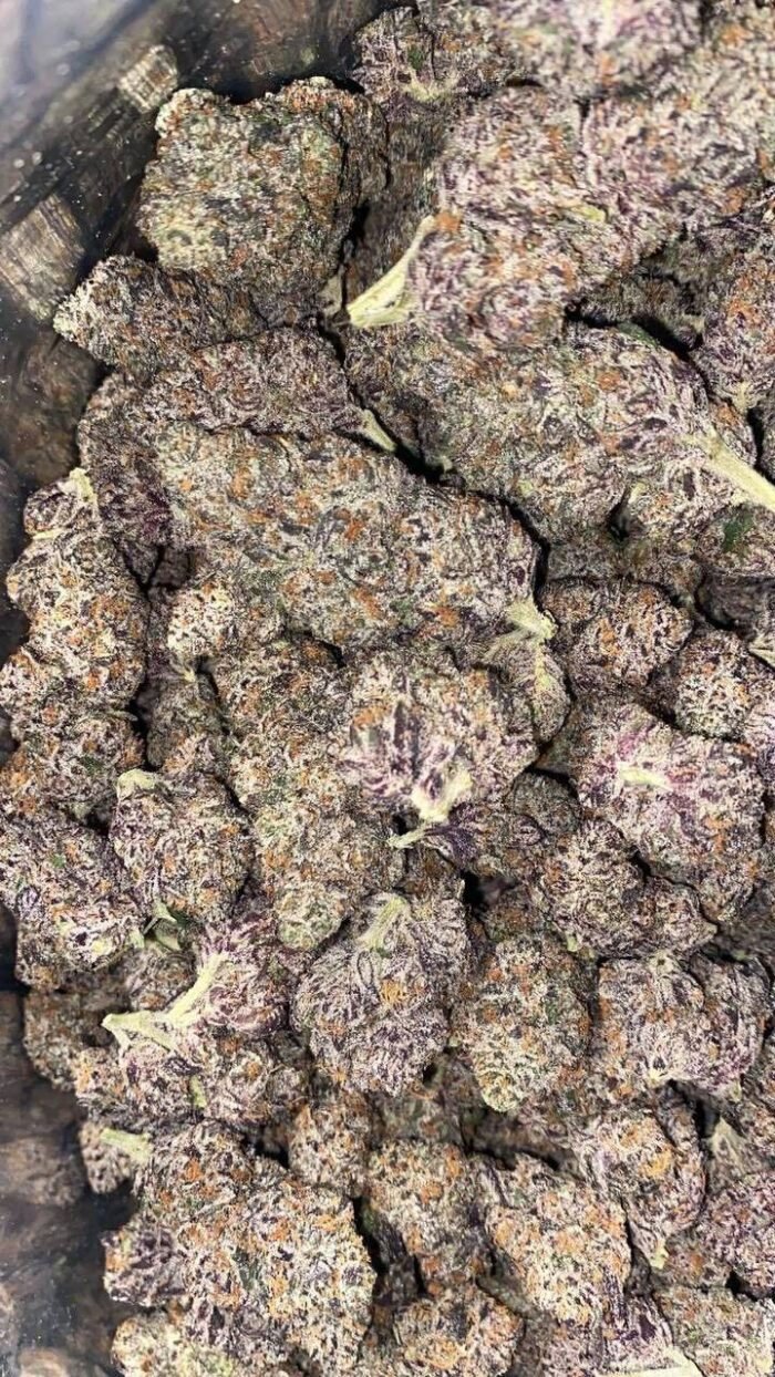 Close-up of White Cherry Runt cannabis buds with white trichomes and purple hues